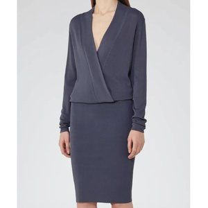 Reiss Lisbeth Shadow Grey/Blue Pencil Wrap Top Midi Dress Knit Size 2